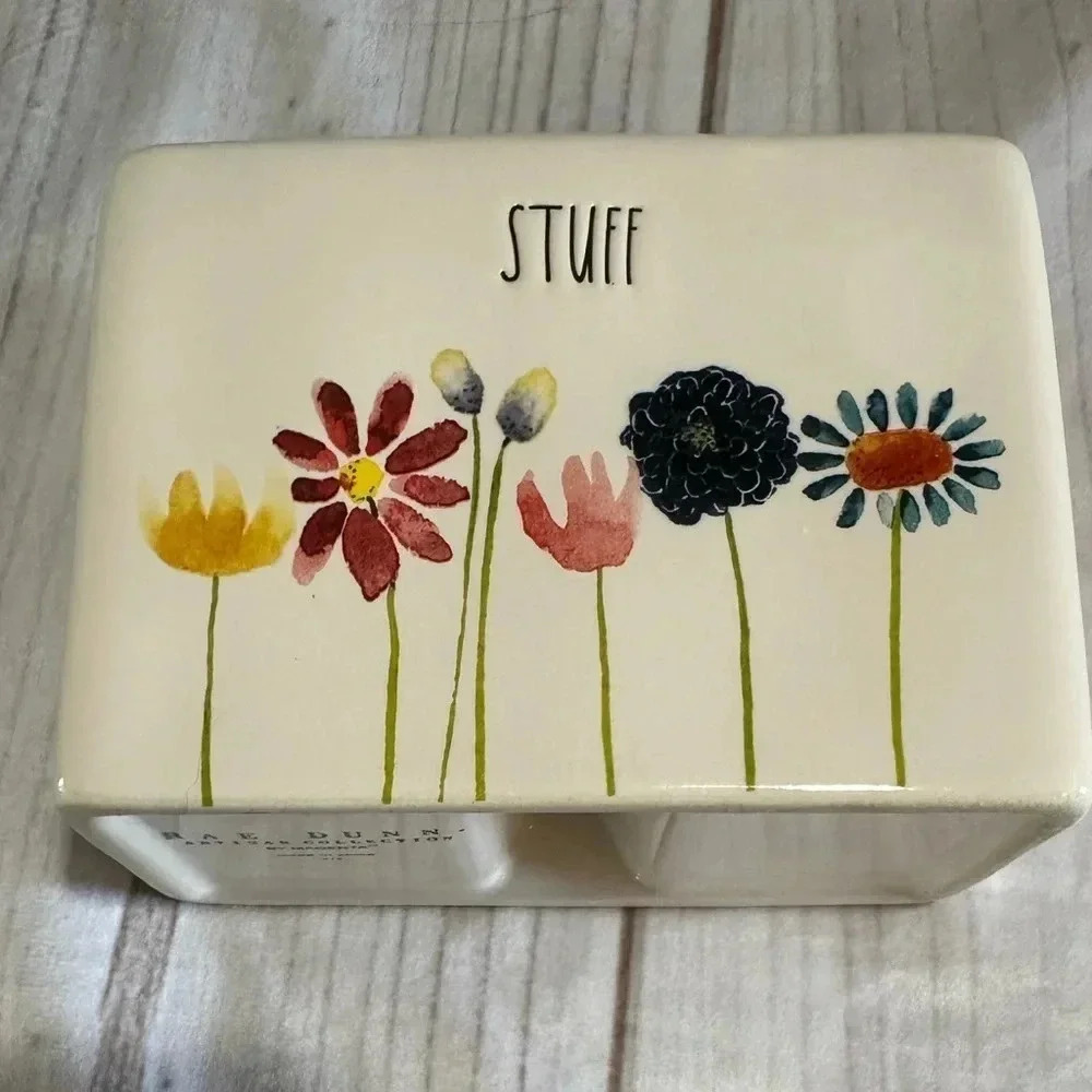 Rae Dunn “Stuff” Floral Double Compartment Ceramic Container Cosmetic Brush/Pen